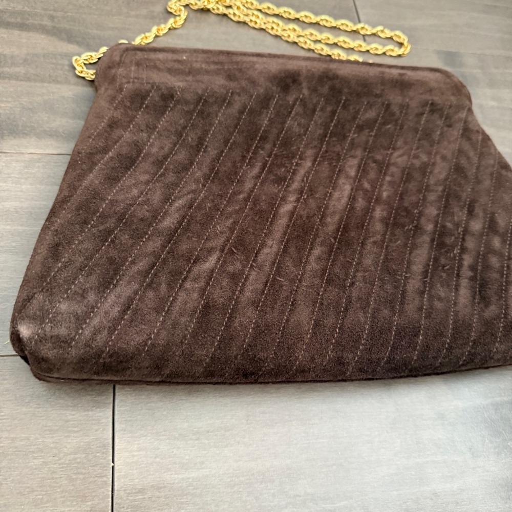 1960 1970 Vintage Brown Suede Pleated Fabric Clutch Handbag Gold Chain Purse - Picture 4 of 12